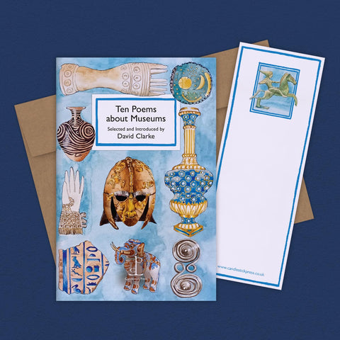 Booklet with artistic illustrations of ancient artifacts on a blue background