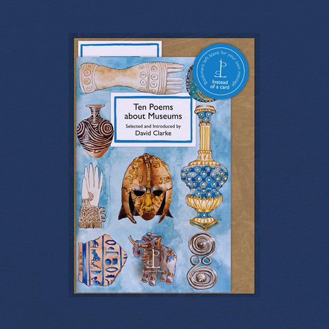 Book cover of 'Ten Poems about Museums' with artistic illustrations on a blue background