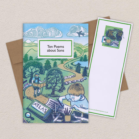 Greeting card with nature-themed illustration and envelope on a beige background