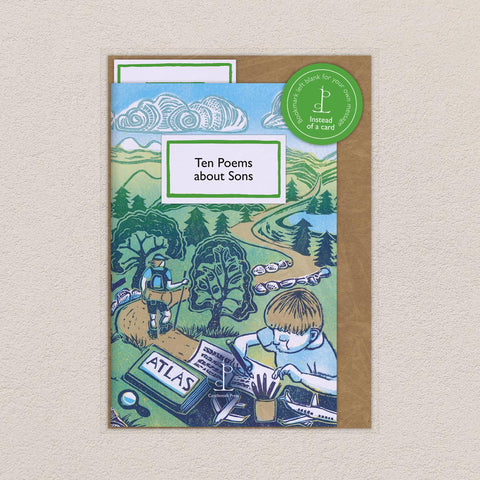 Booklet cover with illustration of a boy reading an atlas and text 'Ten Poems about Sons' on a beige background.