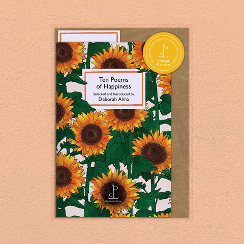 Book cover with sunflower design and 'Ten Poems of Happiness' text on a beige background