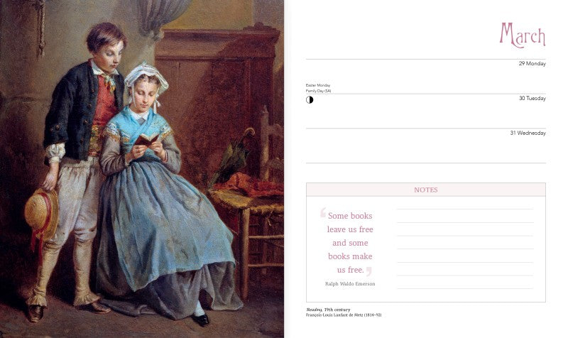 Painting of a man and woman reading a book next to a digital calendar app interface.
