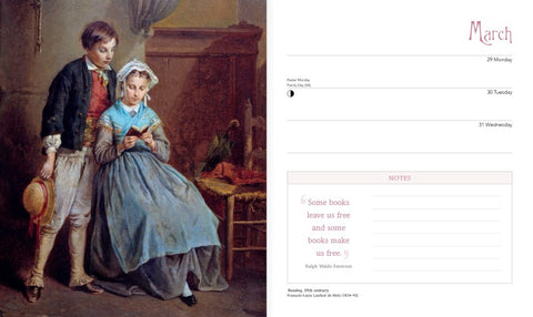 Painting of a man and woman reading a book next to a digital calendar app interface.