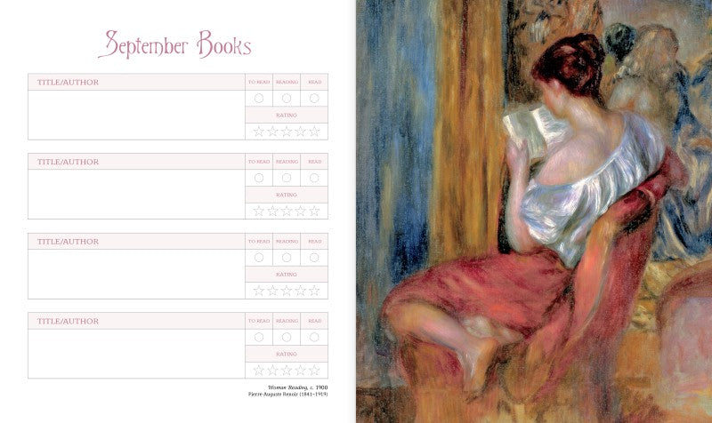 Calendar with a painting of a woman reading on the right side
