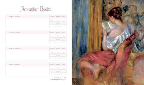 Calendar with a painting of a woman reading on the right side
