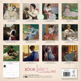 Calendar cover featuring illustrations of women reading books, with a grid layout and 'The Book Lover's Calendar 2023' branding.
