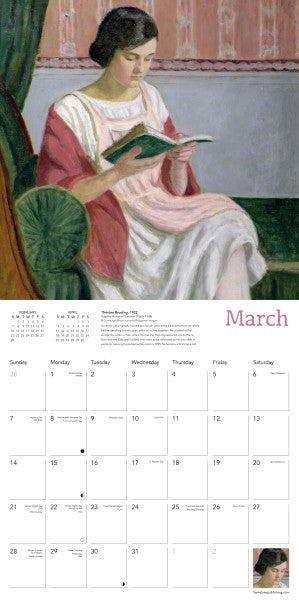 Calendar page for March with a painting of a woman reading a book.