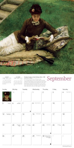 Calendar with a painting of a woman reading on a grassy field, featuring the month of September.