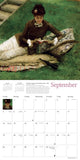 Calendar with a painting of a woman reading on a grassy field, featuring the month of September.