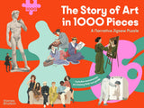 Cover of a jigsaw puzzle with images of different artists through the ages on a bright red backround.