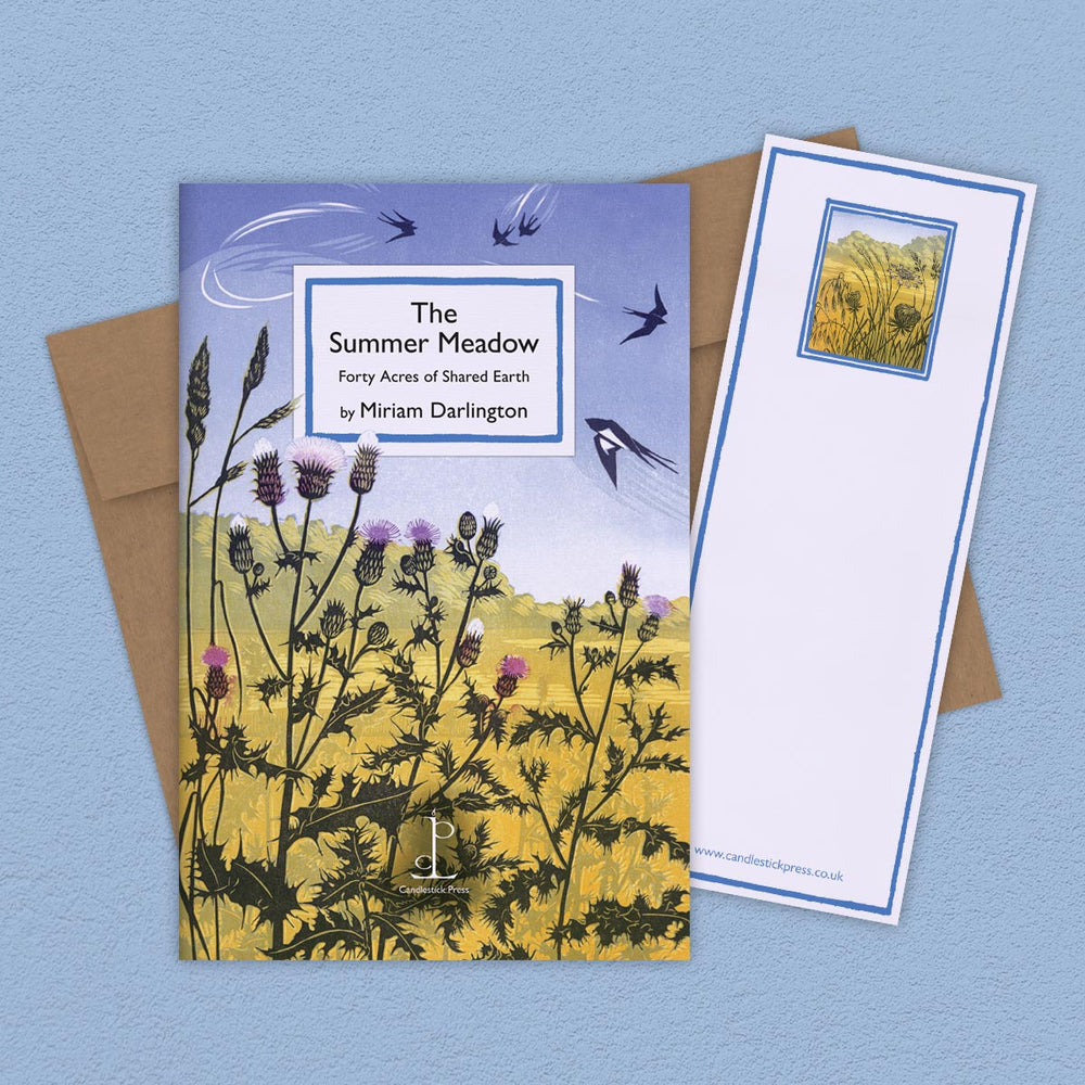 Book titled 'The Summer Meadow' with a matching card on a blue background