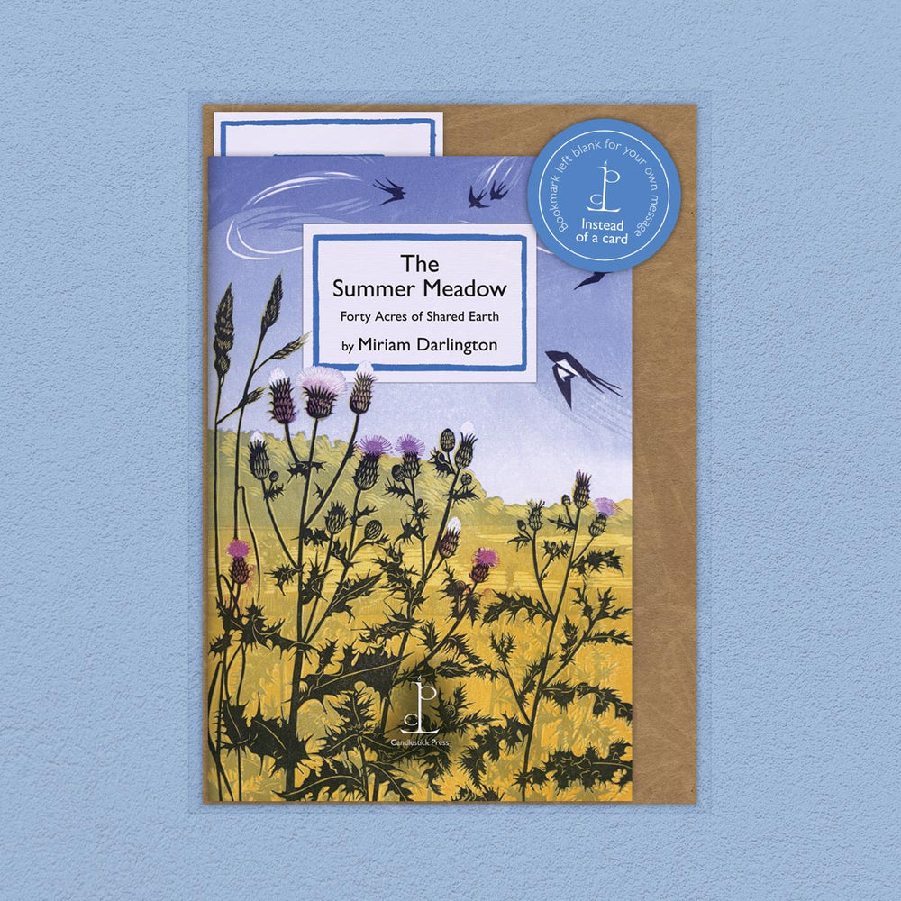 Book cover with illustration of a meadow and text on a blue background