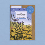 Book cover with illustration of a meadow and text on a blue background