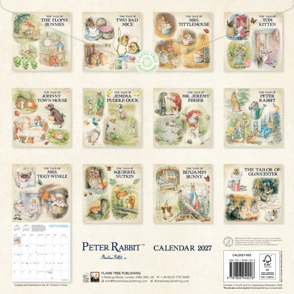 Peter Rabbit calendar with illustrations of various characters on a white background