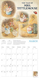 Calendar page for March featuring illustrations of Mrs. Tittlemouse and her children.