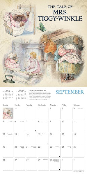 Calendar page for September featuring illustrations from 'The Tale of Mrs. Tiggy-Winkle' by Beatrix Potter.