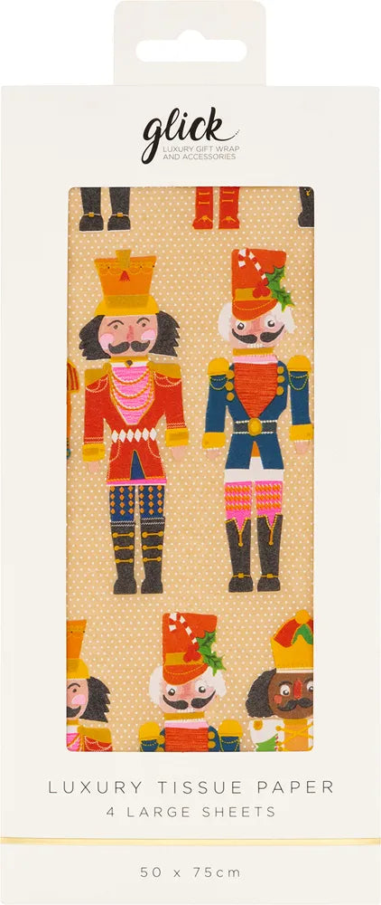 A pack of Glick tissue wrapping paper in a nutcracker design on kraft colour paper.