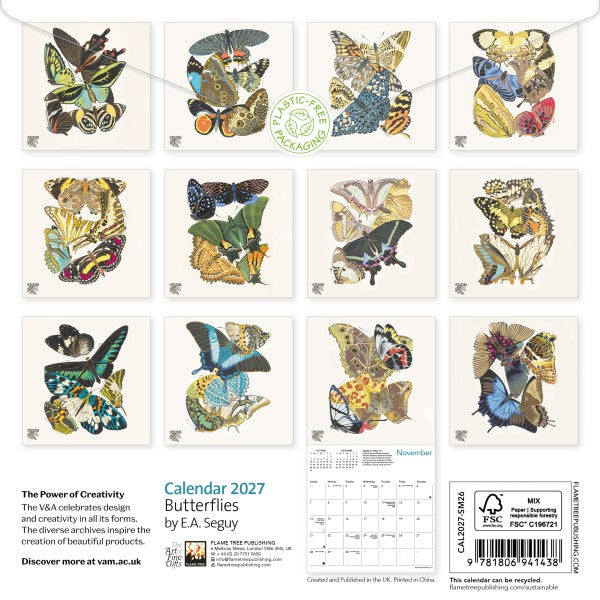 Calendar cover with butterfly illustrations and branding information