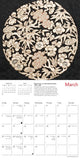 Calendar with floral design and text on a black background