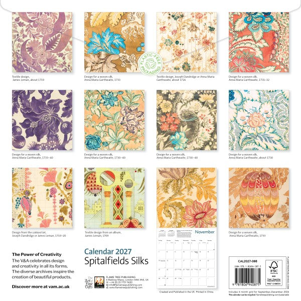Calendar 2027 featuring Spitalfields Silks with various floral and geometric patterns.