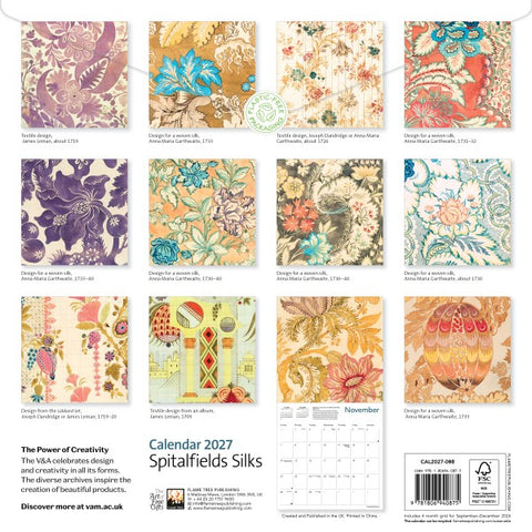 Calendar 2027 featuring Spitalfields Silks with various floral and geometric patterns.