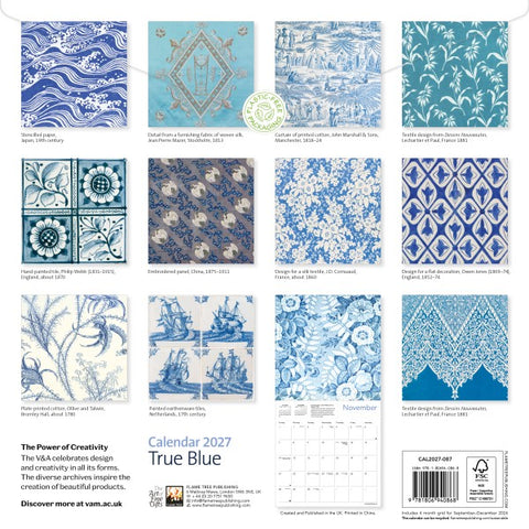 Calendar cover with various blue patterns and designs on a white background