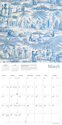 Calendar with blue and white toile design for March