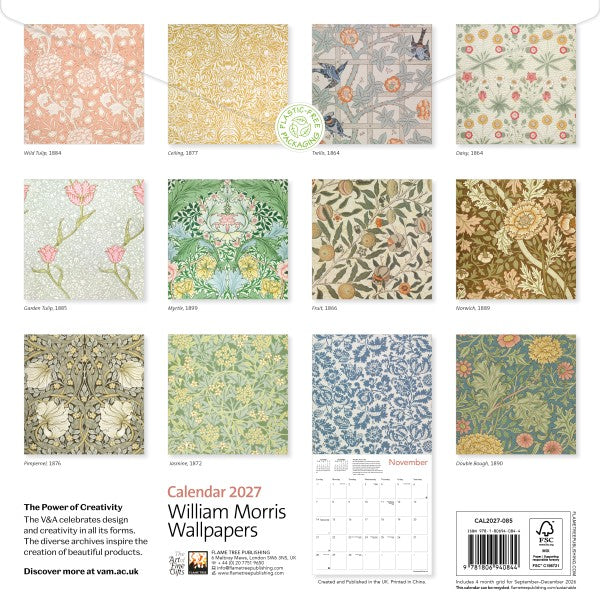 Calendar 2027 featuring William Morris wallpapers with various patterns.