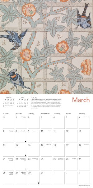 Calendar page for March with decorative birds and flowers design.