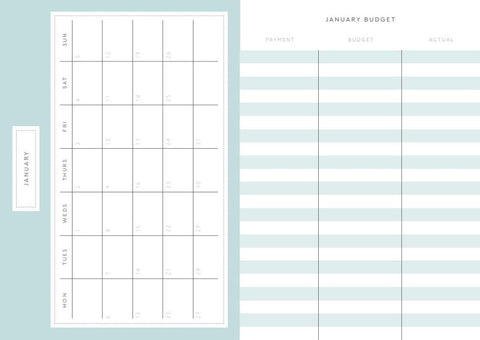 January budget planner with grid layout on a light blue background