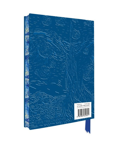 Blue notebook with starry night design on a white background