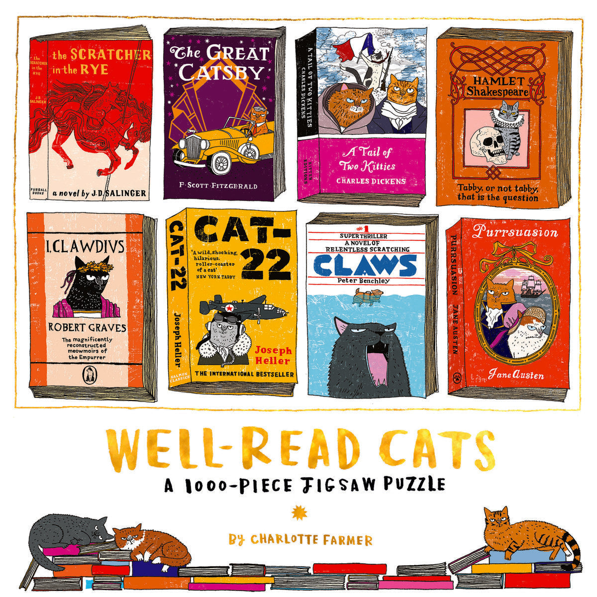 Cover of a jigsaw puzzle with famous book covers replaced by cats.