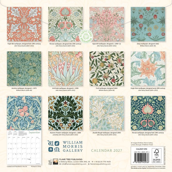 Back cover of a calendar featuring William Morris wallpaper designs with branding and publication details.