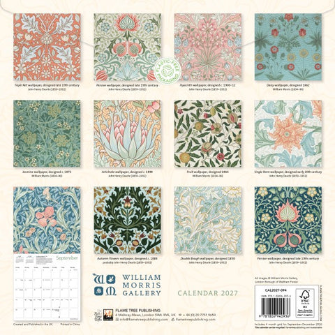 Back cover of a calendar featuring William Morris wallpaper designs with branding and publication details.