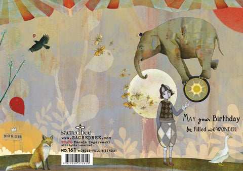 Fantasy-themed birthday card with an elephant, fox, and text