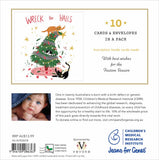 Christmas card packaging with illustration of cats on a tree, text about Children's Medical Research Institute, and a baby photo.