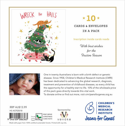 Christmas card packaging with illustration of cats on a tree, text about Children's Medical Research Institute, and a baby photo.