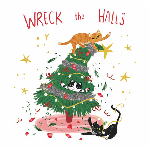 Illustration of a Christmas tree with cats and 'Wreck the Halls' text on a white background