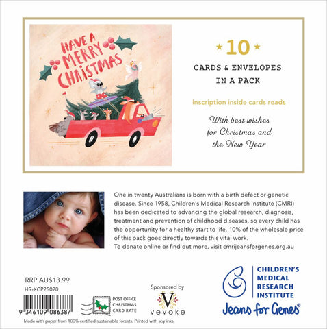 Packaging of Christmas cards with a red truck and reindeer design, featuring Children's Medical Research Institute branding.