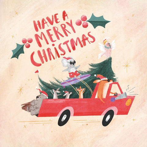 Illustration of a red truck with a Christmas tree and animals, featuring 'Have a Merry Christmas' text.