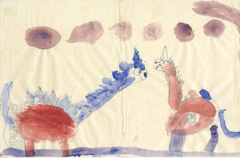 One of Shaun Tan's oldest drawings, 'Three dinosaurs’ from 1977 (aged 3), pen and watercolour on the back of his dad’s office stationery.