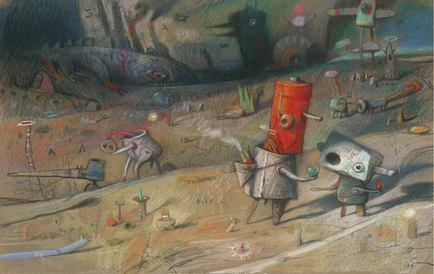 Shaun Tan - The birth of commerce, 2018, charcoal and pastel on paper, 70 x 50cm. A personal piece.