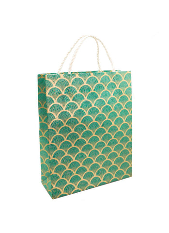 Handmade Lokta Paper Large Gift Bag (Fan Gold on Sea Green)