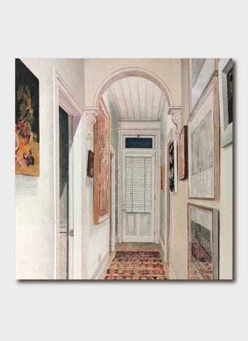 Cressida Campbell art card - Hallway With Kilems
